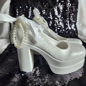 White platform Heels. With Pearl Ankle Strap Satin Bow